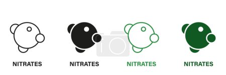 Illustration for Nitrite Ingredient Line and Silhouette Icon Set. Organic Nutrition Green and Black Pictogram. Molecular Nitrates Additives Symbol Collection on White Background. Isolated Vector Illustration. - Royalty Free Image