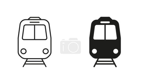 Illustration for Train Line and Silhouette Black Icon Set. Railway Station Pictogram. City Electric Public Vehicle Transport Sign, Freight Locomotive Outline and Solid Symbol Collection. Isolated Vector Illustration. - Royalty Free Image
