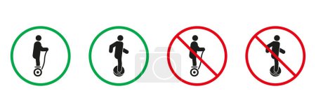 Illustration for Gyro Scooter, Monowheel Silhouette Icons Set. Allowed and Prohibited Danger Transport Pictogram. Electric Unicycle Hoverboard Gyroscooter Red and Green Signs. Isolated Vector Illustration. - Royalty Free Image