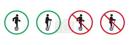 Illustration for Electric Unicycle Hoverboard Gyroscooter Red and Green Signs. Gyro Scooter, Monowheel Silhouette Icons Set. Allowed and Prohibited Danger Transport Pictogram. Isolated Vector Illustration. - Royalty Free Image