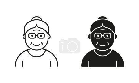 Illustration for Old Woman, Senior Person Silhouette and Line Icon Black Set. Happy Elder Lady Pictogram. Old Grandmother Symbol Collection on White Background. Retirement Concept. Isolated Vector Illustration. - Royalty Free Image