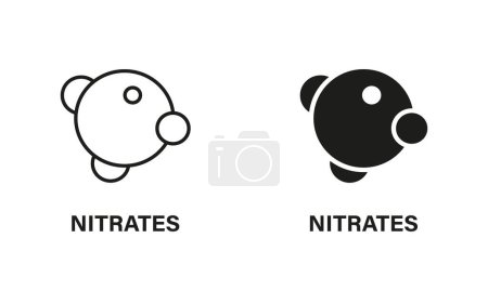 Illustration for Nitrite Ingredient Line and Silhouette Icon Set. Organic Nutrition Black Pictogram. Molecular Nitrates Additives Symbol Collection on White Background. Isolated Vector Illustration. - Royalty Free Image