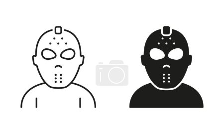 Illustration for Scary Jason Mask for Halloween Party Line and Silhouette Black Icon Set. Dark Hockey Helmet for Goalie Safety Pictogram. Jason Mask Symbol of 13th Friday Collection. Isolated Vector Illustration. - Royalty Free Image