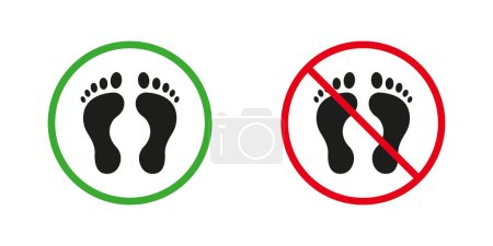 Illustration for Warning Walk Barefoot Red and Green Warning Signs. Human Footprint Silhouette Icons Set. Foot Print Bare Step Allowed and Prohibited Pictogram. Footstep Symbol. Isolated Vector Illustration. - Royalty Free Image