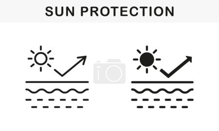 Illustration for UV Skin Protection Line and Silhouette Icon Set. Reflect Ultraviolet Radiation from Skin Symbol Collection. Block Solar Light. Stop Ultraviolet Rays, SPF Cream Pictogram. Isolated Vector Illustration. - Royalty Free Image