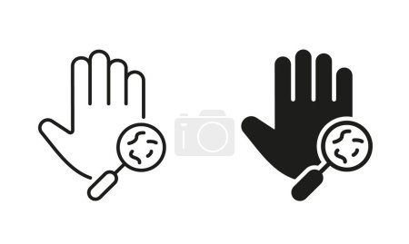 Illustration for Bacteria, Germs, Microbes, Bacilli on Dirty Hands Line and Silhouette Icon Set. Magnifier and Human Hand with Virus and Bacteria Symbol Collection. Medical Research Sign. Isolated Vector illustration. - Royalty Free Image