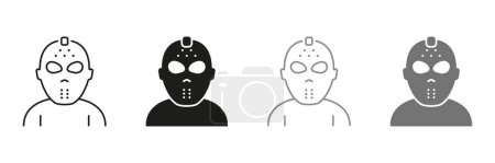 Illustration for Scary Jason Mask for Halloween Party Line and Silhouette Icon Set. Jason Mask Symbol of 13th Friday Collection. Dark Hockey Helmet for Goalie Safety Pictogram. Isolated Vector Illustration. - Royalty Free Image