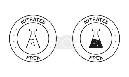 Illustration for Free Nitrites in Food Ingredient Symbol Collection. Nitrates Free Black Stamp Set. No Nitrate Label. Nutrition Certified Control Not Nitrate Sign. Guarantee Non Nitrite. Isolated Vector Illustration. - Royalty Free Image