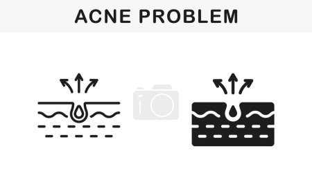 Illustration for Skin Acne, Pimple, Comedo Pictogram. Dirty Skin Problem Symbol Collection. Blackhead and Inflammation Sebum Line and Silhouette Black Icon Set. Isolated Vector Illustration. - Royalty Free Image