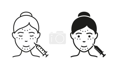 Illustration for Injection for Facial Wrinkles Pictogram. Mesotherapy, Acid and Filler Symbol Collection. Anti-Aging Skin Care Procedure for Women Line and Silhouette Black Icon Set. Isolated Vector Illustration. - Royalty Free Image