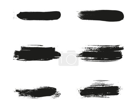 Brush Stroke Paint Set, Dirty Paintbrush Stripes. Black Grunge Scratch Line Ink. Abstract Design, Grungy Texture Background. Brushstroke Watercolor Splash Collection. Isolated Vector Illustration.