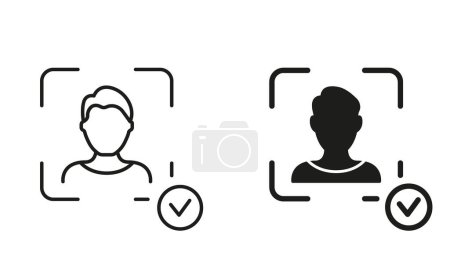 Illustration for Facial Recognition Pictogram. Biometric Identification Technology Symbol Collection. Verification Sign. Scan Face ID on Smartphone Line and Silhouette Black Icon Set. Isolated Vector Illustration. - Royalty Free Image