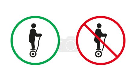 Illustration for Electric Unicycle Hoverboard Gyroscooter Red and Green Signs. Gyro Scooter, Monowheel Silhouette Icons Set. Allowed and Prohibited Danger Transport Pictogram. Isolated Vector Illustration. - Royalty Free Image