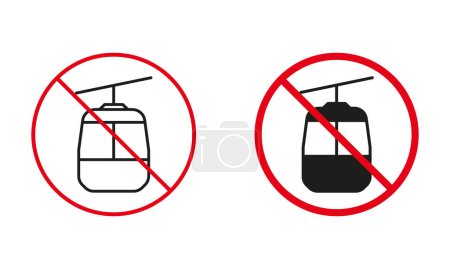 Illustration for Cable Car Not Allowed Road Sign. Ban Mountain Gondola Circle Symbol Set. Cableway Prohibit Traffic Red Sign. Funicular Line and Silhouette Forbidden Icons. Isolated Vector Illustration. - Royalty Free Image