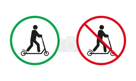 Push Scooter Warning Sign Set. Man on Kick Scooter Allowed and Prohibit Silhouette Icons. City Eco Electric Transport Red and Green Circle Symbol. Isolated Vector Illustration.