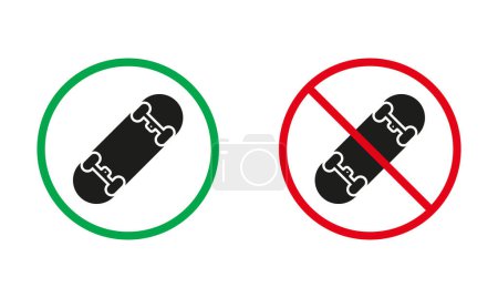 Skateboarding Warning Sign Set. Skate Board Allowed and Prohibit Silhouette Icons. Entry with Eco City Transport Red and Green Circle Symbol. Isolated Vector Illustration.