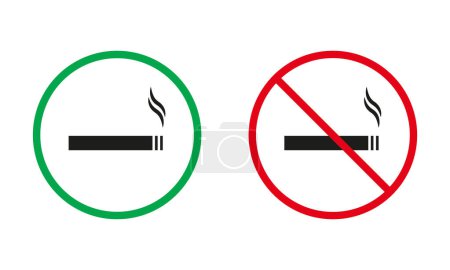 Téléchargez les illustrations : Signes d'avertissement rouge et vert fumeur. Ensemble d'icônes de silhouette de cigarette fumée. Zone où il est permis de fumer de la nicotine, symbole interdit de cigarette. Illustration vectorielle isolée. - en licence libre de droit