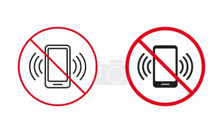 Kein Warnschild für Mobiltelefone Telefonieren verboten, Smartphone-Nutzung verboten und Silhouetten-Symbole verboten. Silent Zone Red Circle Symbol. Isolierte Vektorillustration.