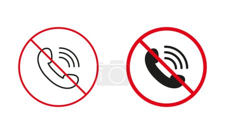 Kein Rufzeichen erlaubt Empfangen Sie eingehende Anrufe auf Handy Verbotene Linie und Silhouette Icons. Hörer im roten Kreis-Symbol. Keep Silence Zone. Isolierte Vektorillustration.