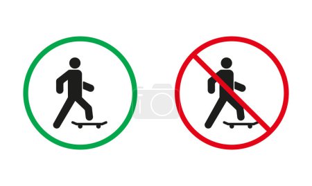 Skateboarding Warnschild Set. Mann auf Skateboard erlaubt und verboten Silhouetten-Ikonen. Person auf dem Skateboard Roter und Grüner Kreis Symbol. Eintritt mit Eco City Transport. Isolierte Vektorillustration.