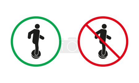 Hoverboard, Gyroscooter, Monowheel-Warnschild-Set. Elektrisches Einrad erlaubt und verboten Silhouette Icons. Gyro Scooter Roter und Grüner Kreis Symbol. Isolierte Vektorillustration.