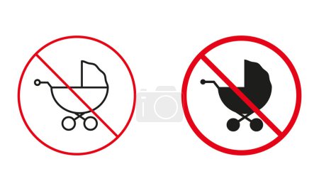 Ilustración de No se permite el transporte del bebé, conjunto de letreros de advertencia de silla de paseo. Recién nacido Pram Símbolo Prohibido. Prohibir Baby Stroller Line y Silhouette Icons. Ilustración vectorial aislada. - Imagen libre de derechos