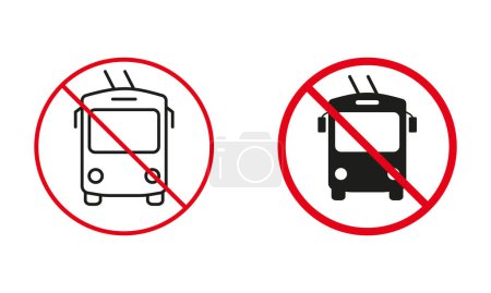 Trolleybus Not Allowed Road Sign. Ban Trolley Bus Circle Symbol Set. Electric Transport Prohibit Traffic Red Sign. Trolleybus Line and Silhouette Forbidden Icons. Isolated Vector Illustration.