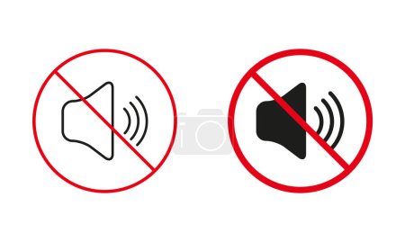Ton aus, bitte schweigen. Mute Mode Zone, Not Loud Sound Alallowed Warning Sign Set. Benachrichtigung verbietet Linien und Silhouetten-Symbole. Kein Noise Red Circle Symbol. Isolierte Vektorillustration.