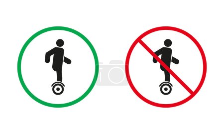Illustration for Unicycle Warning Sign Set. Monowheel Allowed and Prohibit, Electric Gyroscooter Icons. Hoverboard, Danger Transport In Red and Green Circle Symbol. Isolated Vector Illustration. - Royalty Free Image