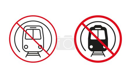 Metro Not Allowed Road Sign. Ban Subway, Train, Underground Station Circle Symbol Set. Prohibit Traffic Red Sign. Railway Transport Line and Silhouette Forbidden Icon. Isolated Vector Illustration.