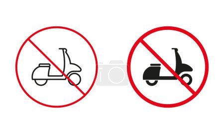 Señal de Prohibición de Carretera Prohibida. Sin juego de símbolos de zona de entrega. No permitido Motocicleta rápida, Scooter, Motor Bike Line y Silhouette Iconos. Ilustración vectorial aislada.