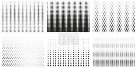 Sammlung von Schwarz-Weiß-Halbton-Mustern mit Farbverläufen. Set von Halftone Dot Hintergründe. Isolierte Vektorillustration.