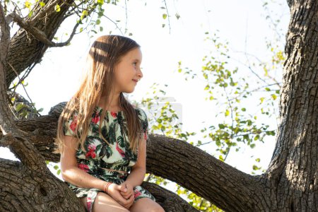 Téléchargez les photos : Jolie fille de cinq ans assise sur un arbre en été dans la nature. - en image libre de droit