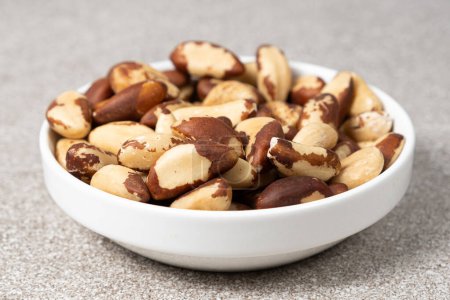 Brazil nuts in plate on grey background.