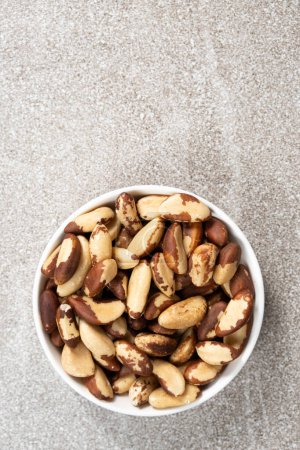 Brazil nuts in plate on grey background, space for text top view.