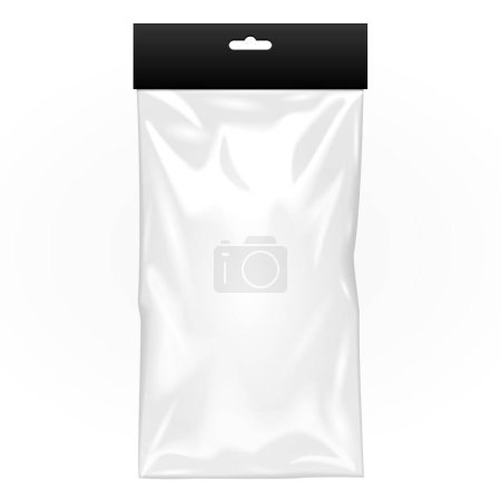 Illustration for Mockup Black Blank Plastic Pocket Bag With Shadow. Transparent. With Hang Slot. Illustration Isolated On White Background. Mock Up Template Ready For Your Design. Vector EPS10 - Royalty Free Image