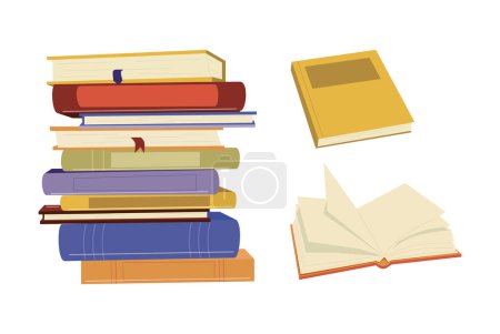 Read more books. Set for book lovers. Various books, stack of books, notebooks. Hand drawn educational vector illustration. Flat design. Cartoon style. Everything is isolated