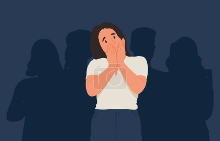 Illustrazione per Unhappy young woman feel lonely abandoned in crowd suffer from communication lack. Upset girl struggle with depression or mental disorder. Psychological problem. Flat vector illustration. - Immagini Royalty Free