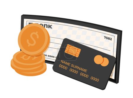 Illustration for Financial instruments, plastic credit debit card, bank cheque, checkbook, coins. Personal money, cash and cashless finance, payment methods. Flat vector illustration isolated on white background - Royalty Free Image