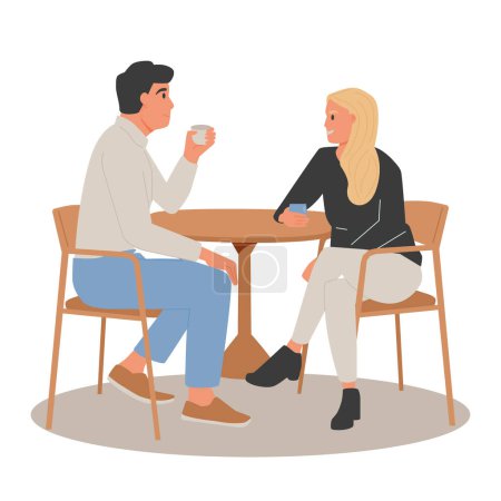 Illustration for Man and woman cartoons - romantic couple dating. Couples sitting in a coffee shop or restaurant. Flat cartoon colorful vector illustrations - Royalty Free Image