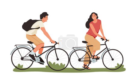 Illustration for Man and woman - romantic dates of a couple. The couple ride bicycles. Flat cartoon colorful vector illustration. - Royalty Free Image
