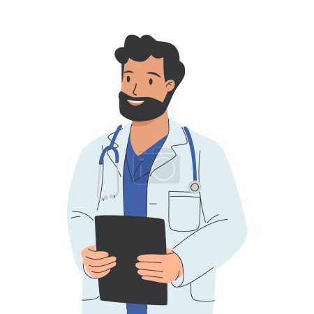 Illustration for Adult man, doctor physician, practitioner, paramedic holding medical history notepad, stethoscope. Health care hospital worker, therapist. Flat vector cartoon illustration isolated on white background - Royalty Free Image