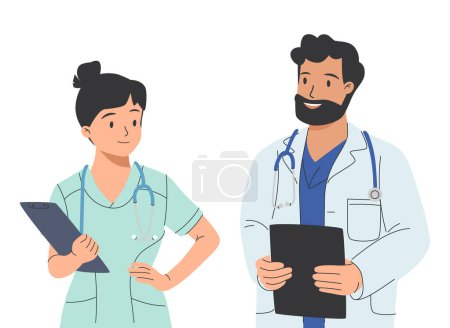 Illustration for Friendly Male and Female Doctors standing together. Concept of medical team. Vector illustration in hand drawn style. - Royalty Free Image