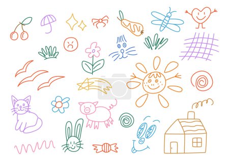Illustration for Colorful set of various hand drawn abstract shapes, strokes and doodles. Childish cute drawing. Modern design elements. Vector texture. - Royalty Free Image