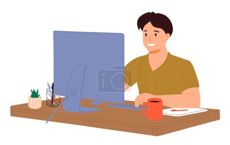 Illustration plate d'un homme travaillant à la maison. Homme d'affaires assis au bureau et utilisant un ordinateur portable. Concept de gestion de temps ou de projet.