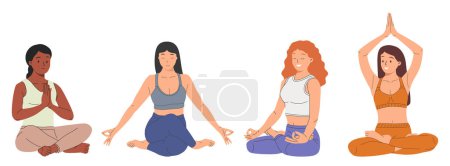 Conjunto de mujeres tranquilas con los ojos cerrados y las piernas cruzadas meditando en postura de loto de yoga. Práctica de meditación. Concepto de zen y armonía. Ilustración vectorial plana de color aislada sobre fondo blanco