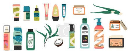 Illustration for Set of colorful bottles, jars and tubes with organic cosmetics vector flat illustration. Collection of flowers, leaves and skincare products isolated on white. Natural eco friendly composition - Royalty Free Image