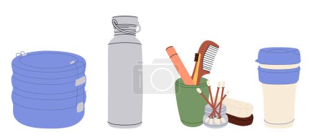 Una colección de artículos o productos Zero Waste duraderos y reutilizables: contenedor de almacenamiento, kit de higiene, cepillo de dientes, hisopos de algodón para orejas, termos y taza térmica. Ilustración vectorial plana