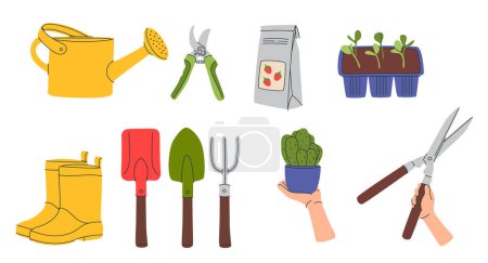 Collection of garden tools and plants. Gardening or horticulture concept. Design elements for print, packaging or stickers. Vector illustration.