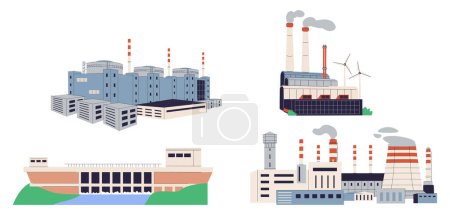 Ilustración de Conjunto de centrales eléctricas y plantas de generación de energía. Diferentes tipos de edificios de fábrica de la industria pesada, la generación de electricidad. Ilustración vectorial plana de color aislada sobre fondo blanco - Imagen libre de derechos
